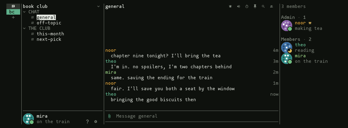 whispr in a terminal: five messages in the general channel of a server called book club, with its channels in two categories and three members online or away.